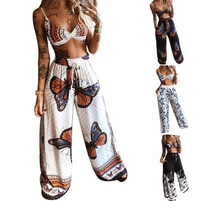 Lw-fd19 Sexy 2 Piece Pants Sets Women Sets Two Piece Clothing 2021 Butterfly Printed Tube Top And Wide Leg Pants Sets For Women